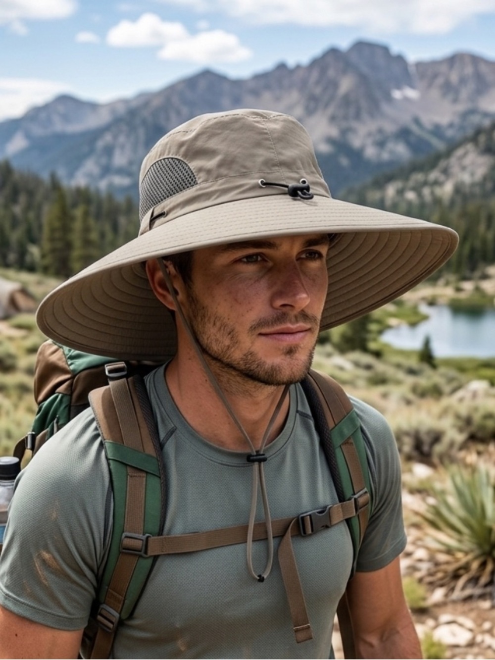 Wide-Brim Sun Hat for Men — Khaki Outdoor Fishing,Hiking, Camping Protection